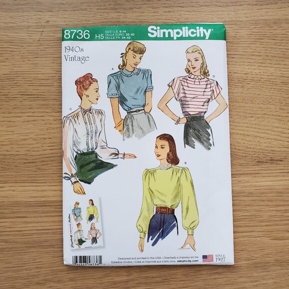 NEW Simplicity Vintage 1940's Blouse Sewing Pattern - Picture 1 of 6